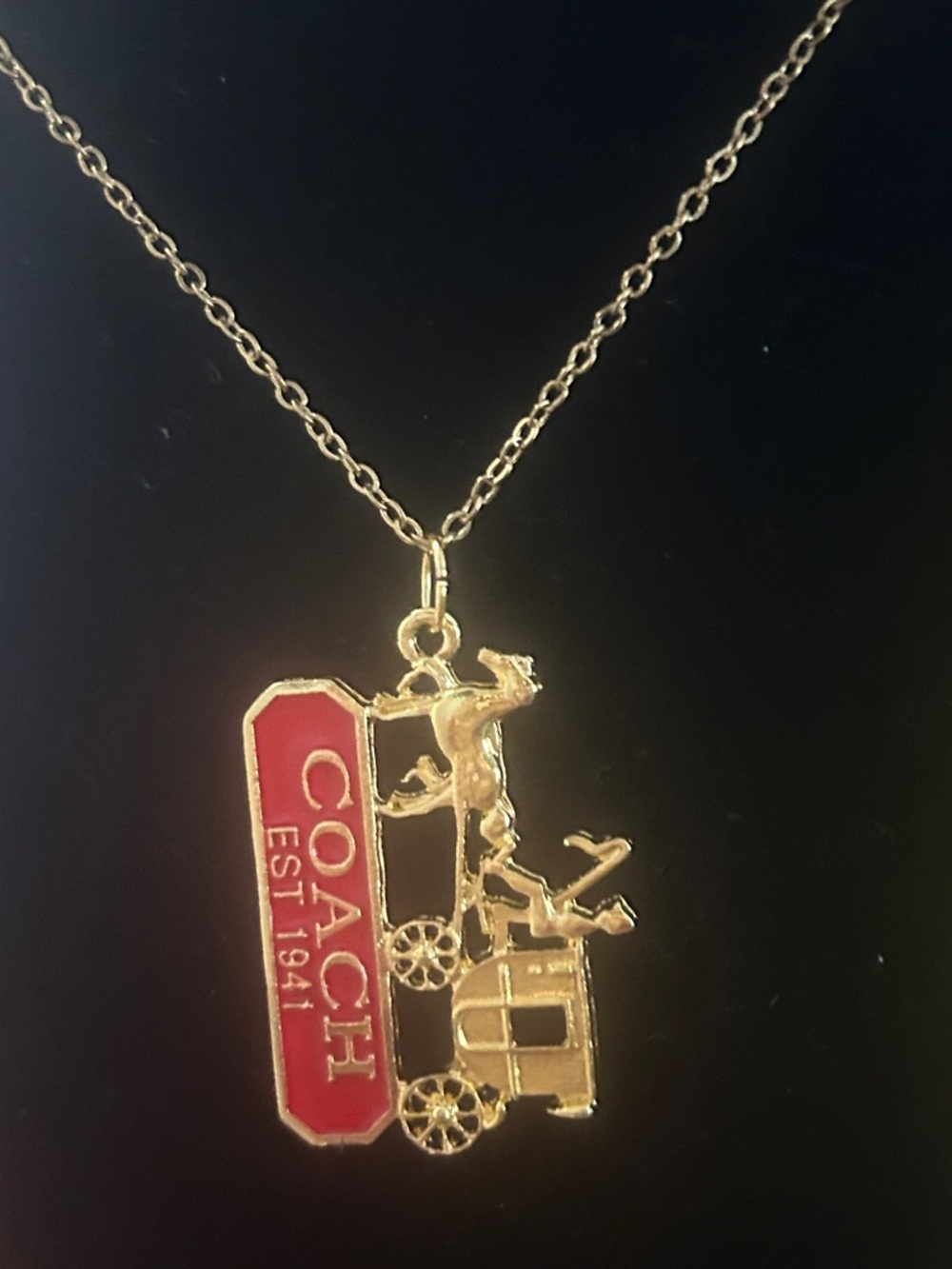 COACH Gold and Red Carriage Logo Pendant Necklace - Picture 4 of 9